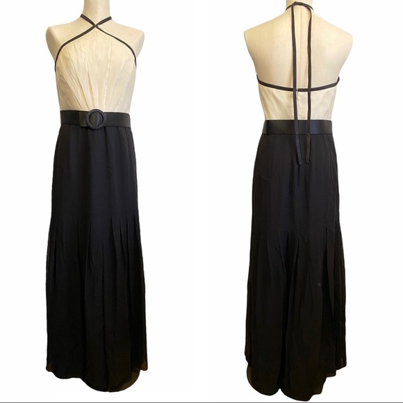 Kay Unger Halter Maxi formal Dress silk Gown Black & (off) White Belted $490 - Picture 1 of 7